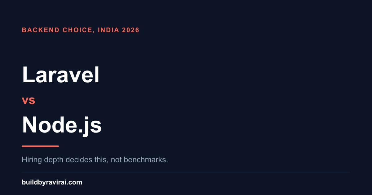 Dark navy cover reading Laravel versus Node.js, with the line hiring depth decides this, not benchmarks.