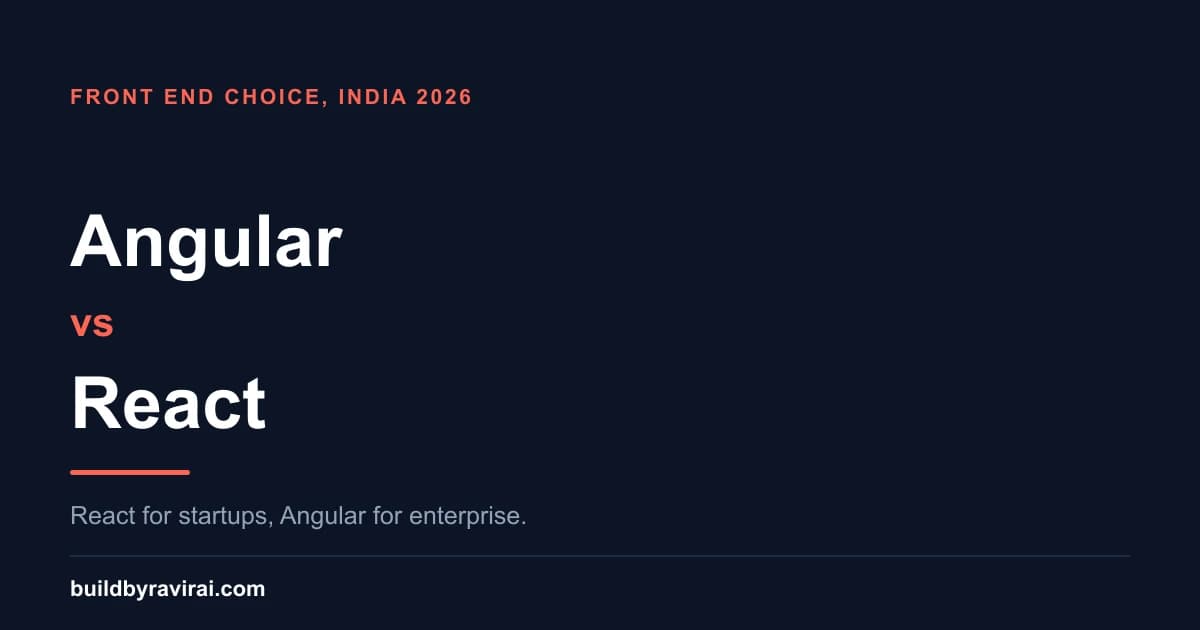 Dark navy cover reading Angular versus React, with the line React for startups, Angular for enterprise.
