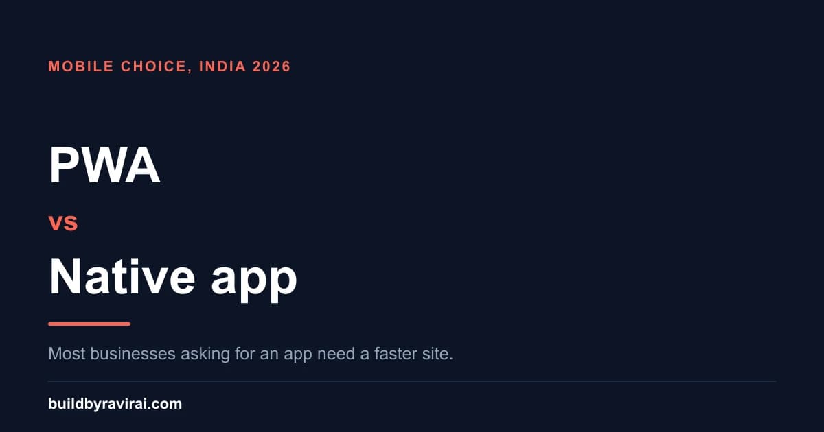 Dark navy cover reading PWA versus Native app, with the line most businesses asking for an app need a faster site.